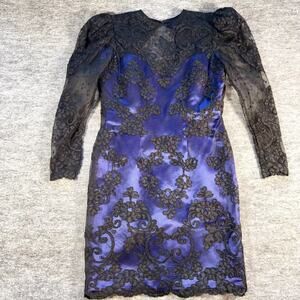 Rina di Montella Lace Sheath Dress Blue Black Long Sleeve Formal Size 4